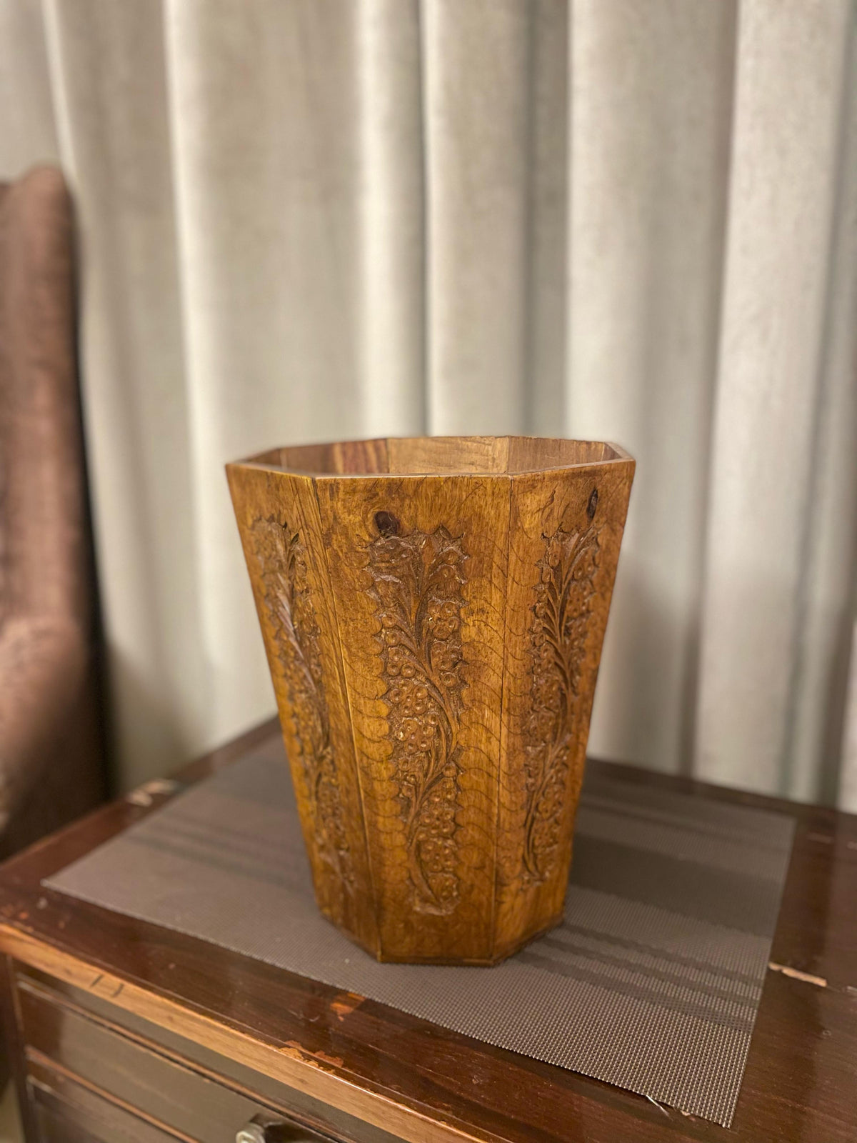 Handmade "Rustic Carved" Wooden Dustbin