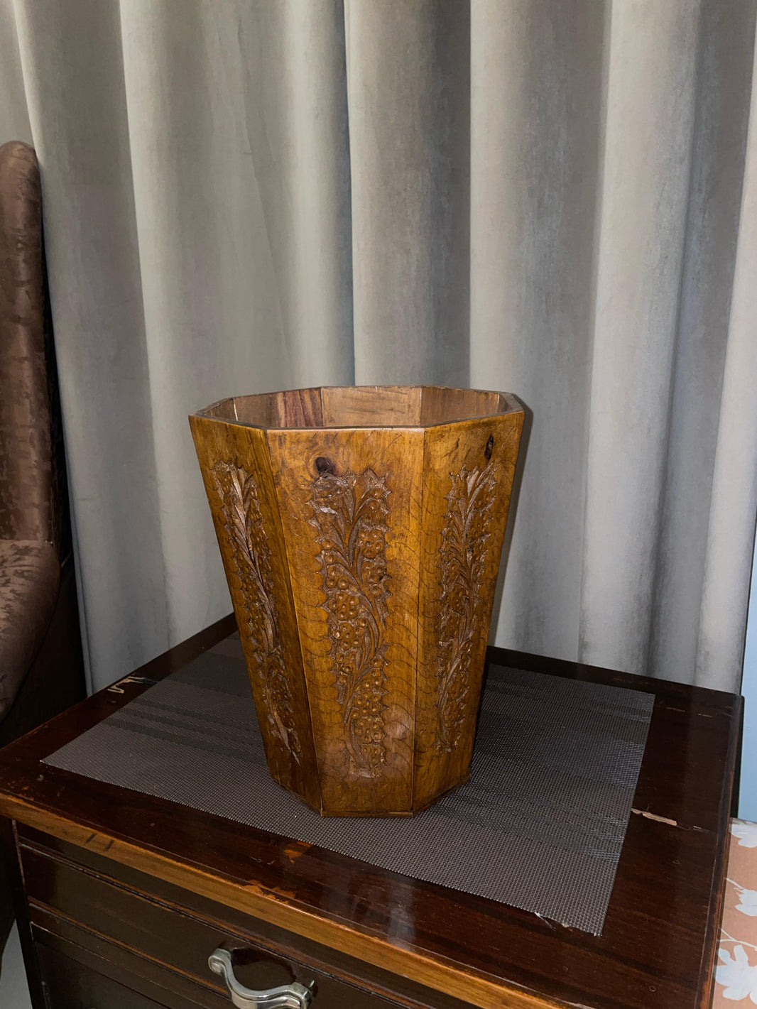 Handmade "Rustic Carved" Wooden Dustbin